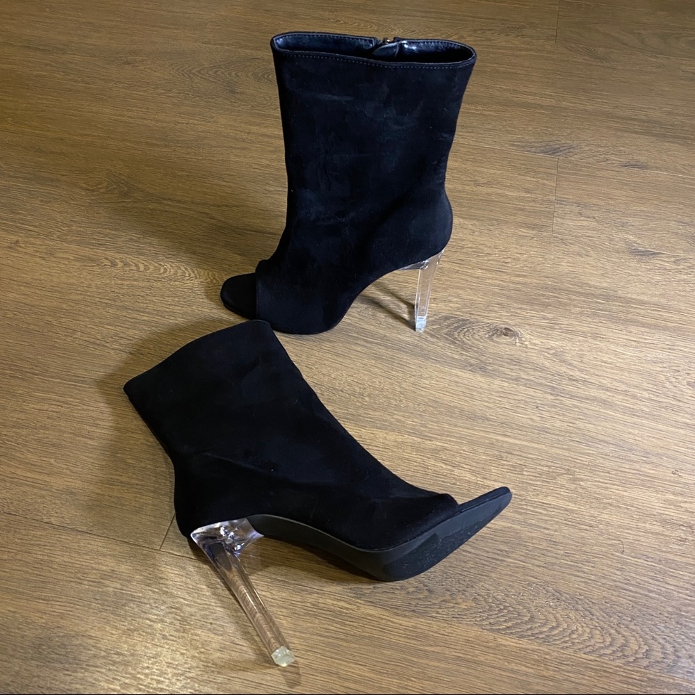Black Suede Ankle Booties w Acrylic Lucite Heels